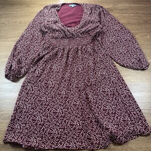Draper James RSVP Dress Women's L Burgundy Floral Smocked Long Sleeve Fall Dress